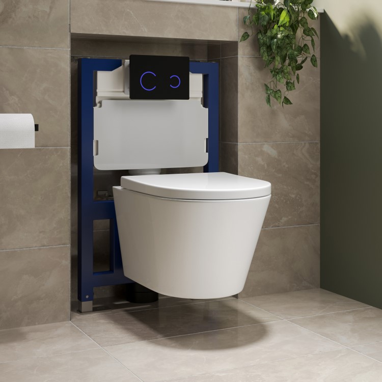 Wall Hung Toilet with Soft Close Seat Black Glass Sensor Pneumatic Flush Plate 820mm Frame & Cistern - Newport