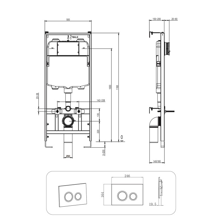 Wall Hung Toilet with Soft Close Seat Chrome Mechanical Flush Plate with 1160mm Frame & Cistern - Newport