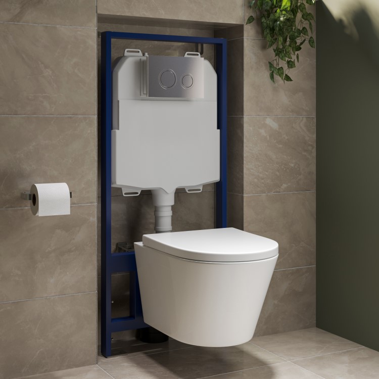 Wall Hung Toilet with Soft Close Seat Chrome Mechanical Flush Plate with 1160mm Frame & Cistern - Newport