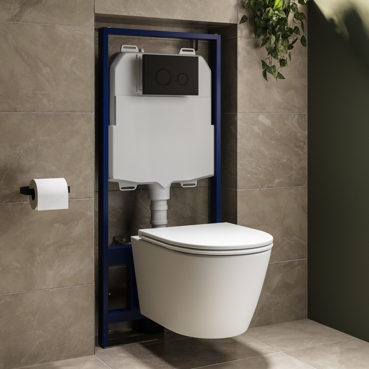 Wall Hung Toilet with Soft Close Seat Matt Black Mechanical Flush Plate with 1160mm Frame & Cistern - Newport