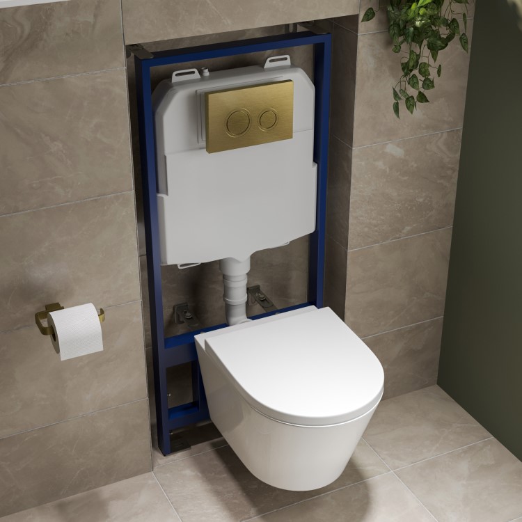 Wall Hung Toilet with Soft Close Seat Brushed Brass Mechanical Flush Plate with 1160mm Frame & Cistern - Newport