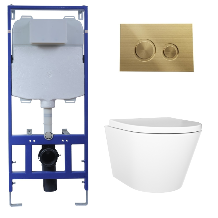 Wall Hung Toilet with Soft Close Seat Brushed Brass Mechanical Flush Plate with 1160mm Frame & Cistern - Newport