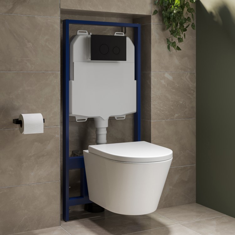 Wall Hung Toilet with Close Seat Matt Black Pneumatic Flush Plate 1170mm Frame & Cistern - Newport