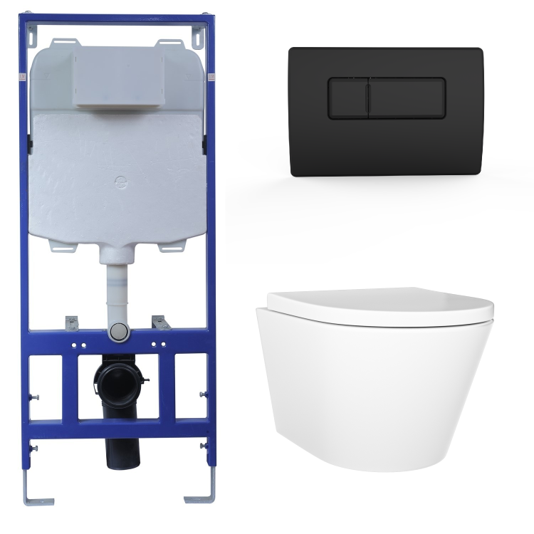 Wall Hung Toilet with Close Seat Matt Black Pneumatic Flush Plate 1170mm Frame & Cistern - Newport