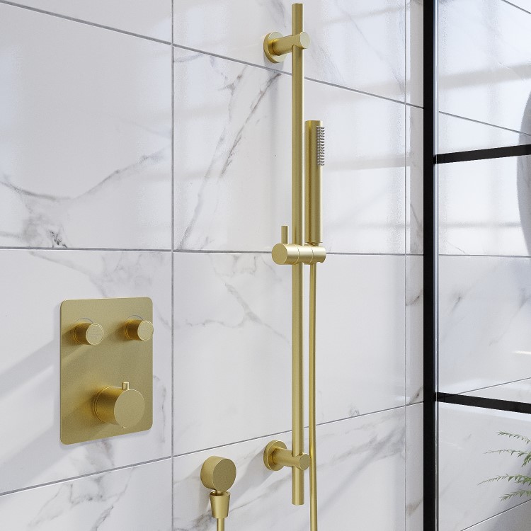 Brushed Brass Push Button Dual Outlet Wall Mounted Thermostatic Mixer Shower Set with Hand Shower - Vance