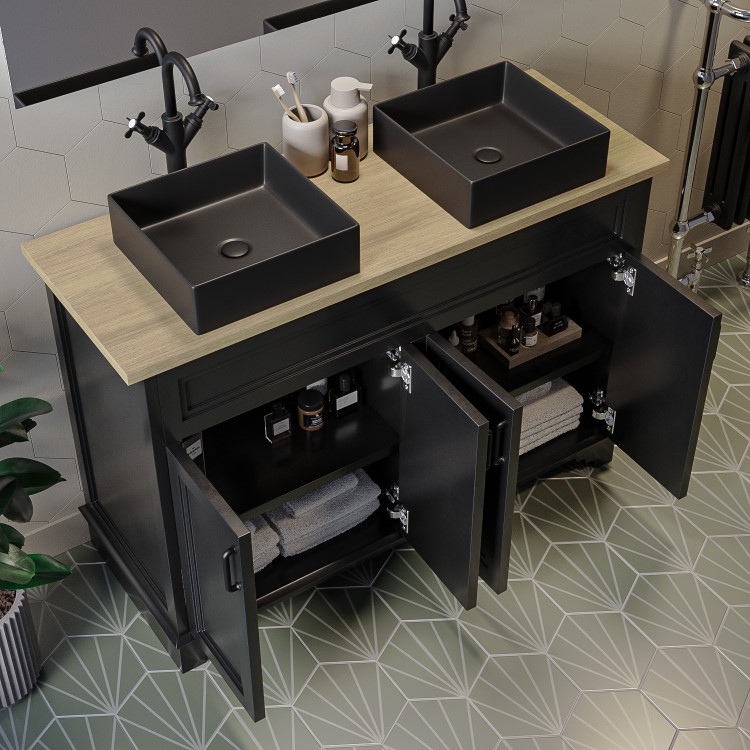 1200mm Black Freestanding Double Vanity Unit With Wood Worktop and Black Square Basins -Camden