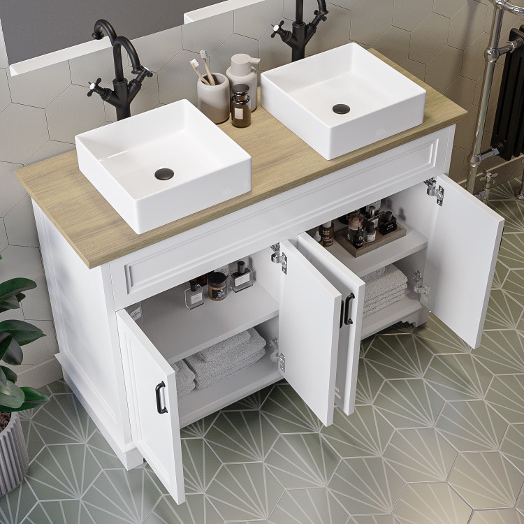 1200mm White Freestanding Countertop Double Vanity Unit with Square Basins - Camden