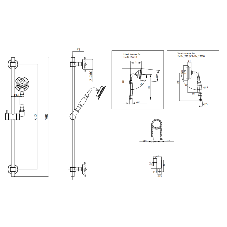 GRADE A2 - Black Adjustable Height Slide Rail Kit with Hand Shower - Camden