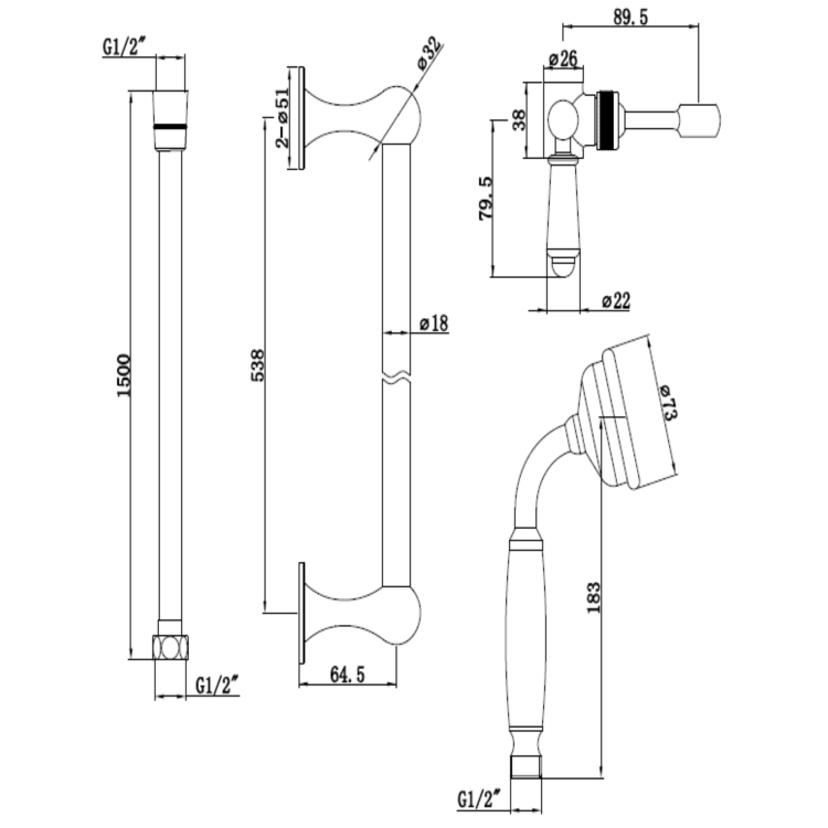 Black Dual Outlet Wall Mounted Thermostatic Mixer Shower Set with Hand Shower - Cambridge