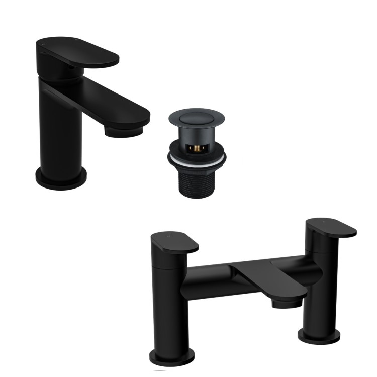 Black Bath and Basin Tap Set with Basin Waste - Como