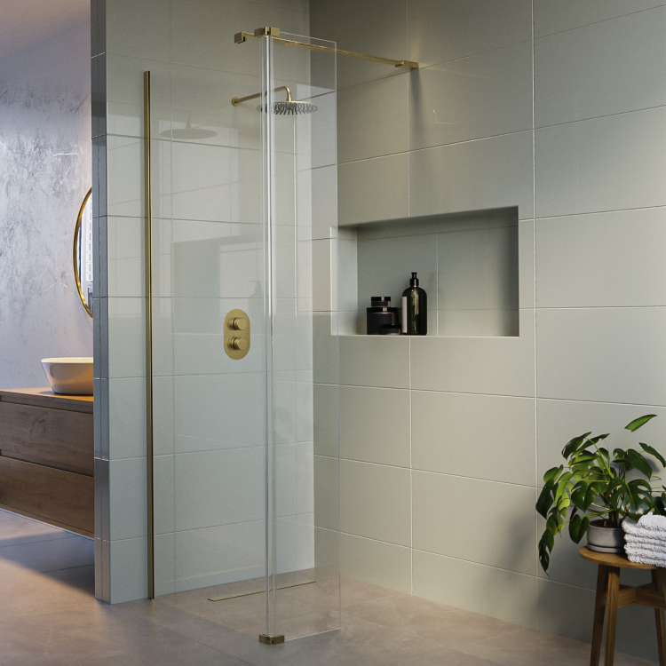 1000mm Brushed Brass Shower Screen for Wetroom & Walk In Shower with 300mm Hinged Flipper Panel - Corvus