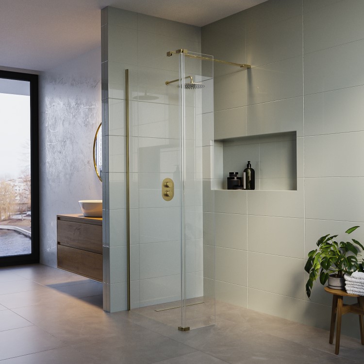 1000mm Brushed Brass Shower Screen for Wetroom & Walk In Shower with 300mm Hinged Flipper Panel - Corvus