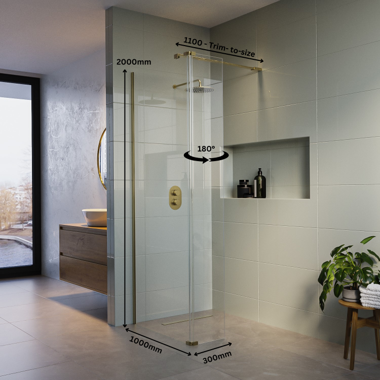 1000mm Brushed Brass Shower Screen for Wetroom & Walk In Shower with 300mm Hinged Flipper Panel - Corvus