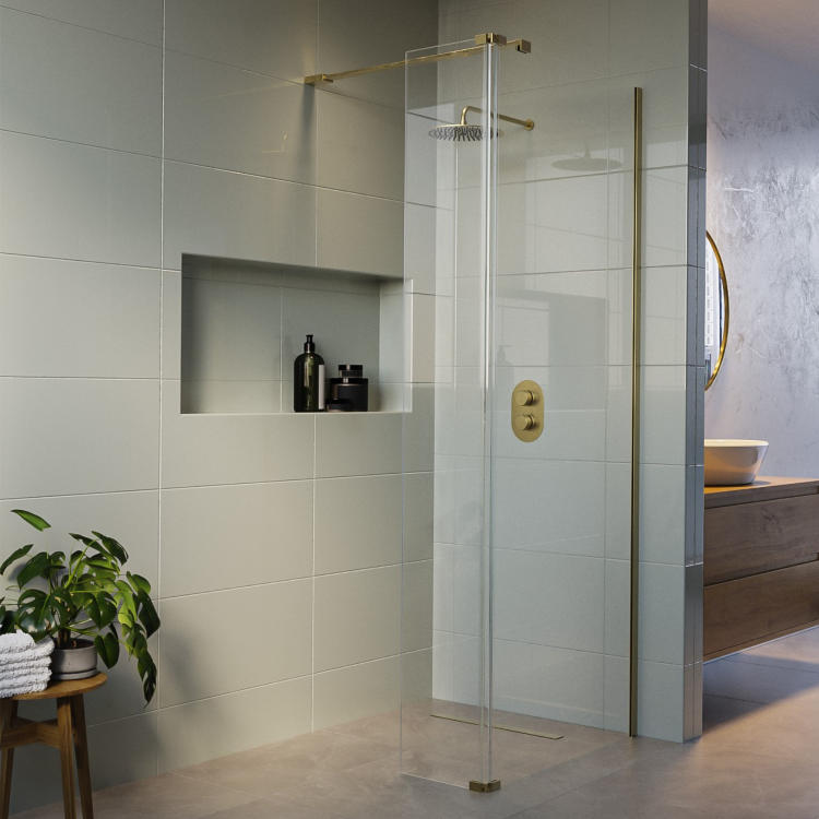 1000mm Brushed Brass Shower Screen for Wetroom & Walk In Shower with 300mm Hinged Flipper Panel - Corvus