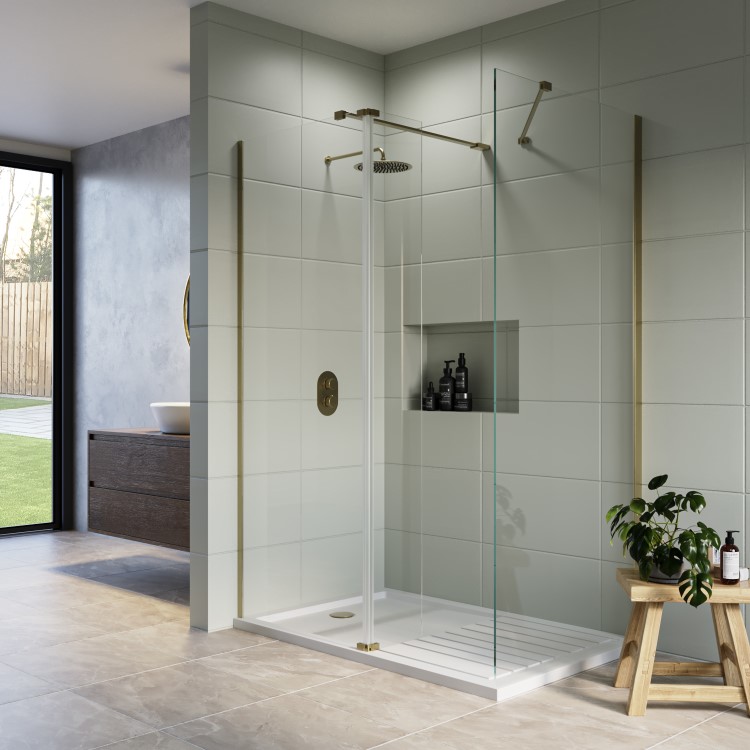 1600x800mm Brushed Brass Wet Room Shower Screen Enclosure and Shower Tray - Corvus