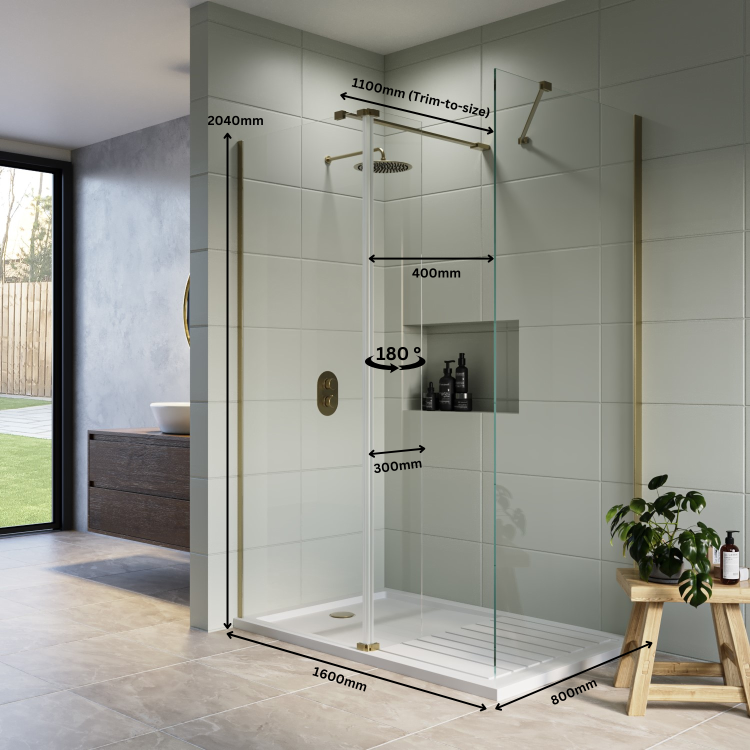 1600x800mm Brushed Brass Wet Room Shower Screen Enclosure and Shower Tray - Corvus