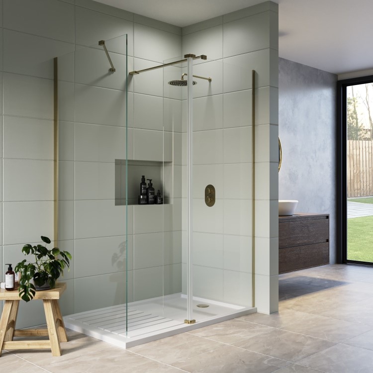 1600x800mm Brushed Brass Walk In Shower Screen Enclosure with 300mm Hinged Flipper Panel and Shower Tray - Corvus