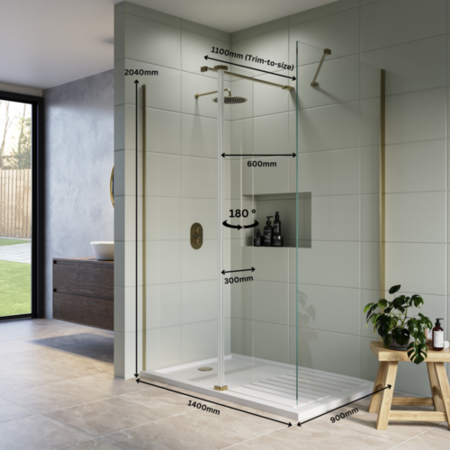 1400x900mm Brushed Brass Frameless Walk In Shower Enclosure with 300mm  Hinged Flipper Panel and Shower Tray Corvus