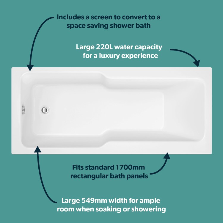 Single Ended Shower Bath with Front Panel & Chrome Bath Screen 1700 x 750mm - Cotswold