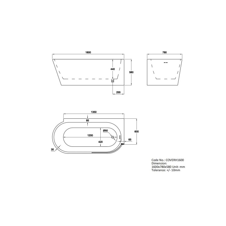 Freestanding Shower Bath Single Ended Right Hand Corner with Chrome Bath Screen 1600 x 780mm - Cove