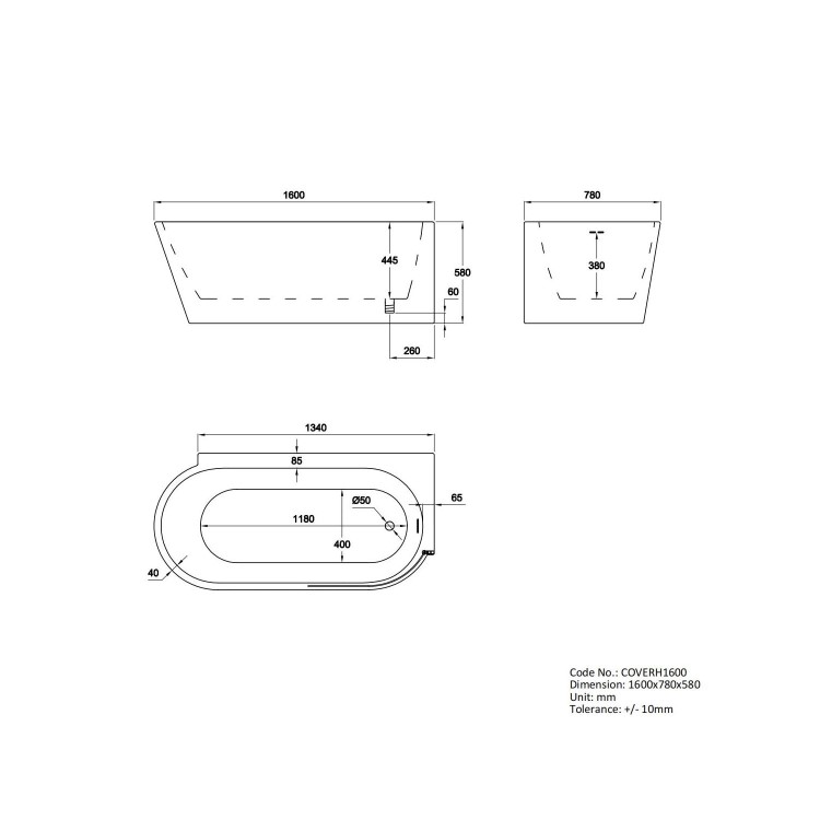 Freestanding Shower Bath Single Ended Right Hand Corner with Brass Bath Screen 1600 x 780mm - Cove