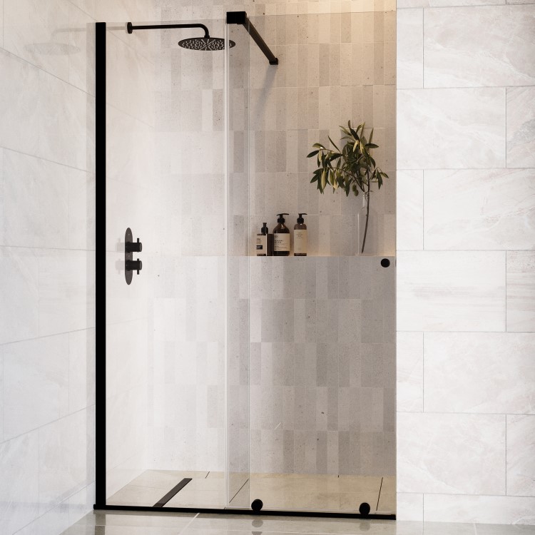 1200mm Black Sliding Shower Door + Wall Support Bar 8mm Glass - Denver