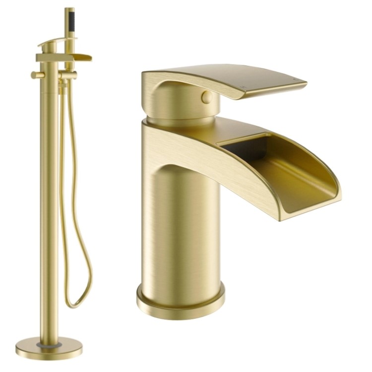 Brushed Brass Waterfall Basin Mixer Tap & Freestanding Tap Pack - Elina