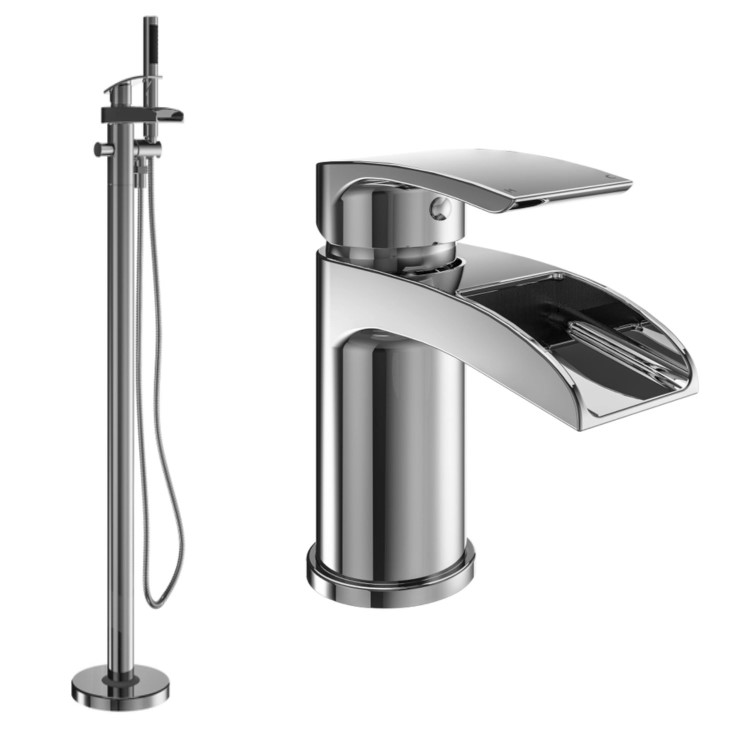 Chrome Waterfall Basin Mixer Tap & Freestanding Tap Pack - Elina