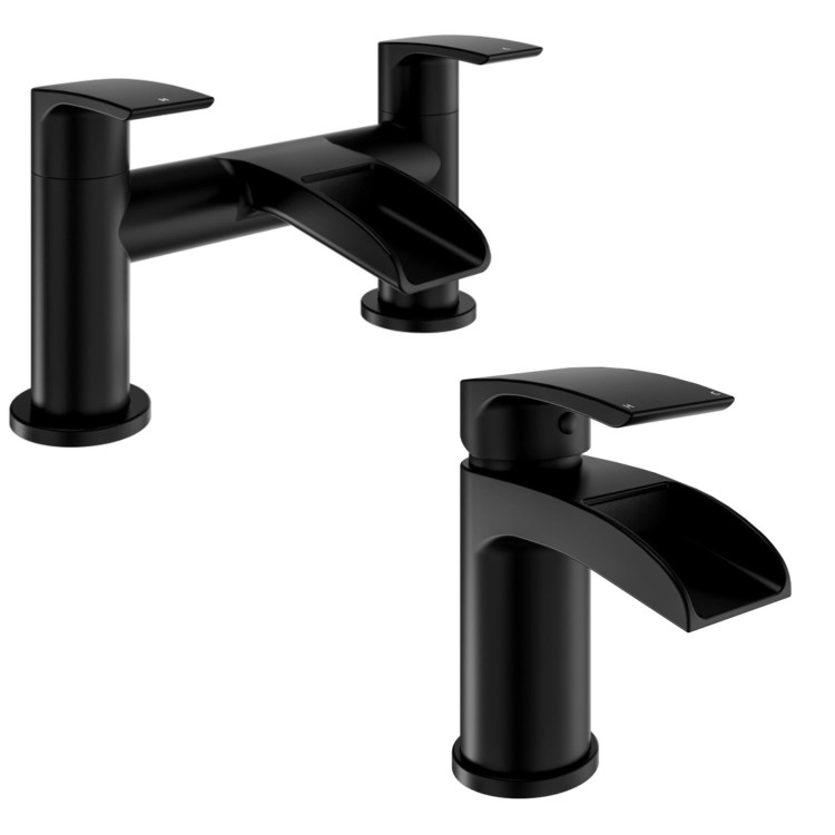 Black Waterfall Basin Mixer Tap & Bath Filler Tap Pack - Elina