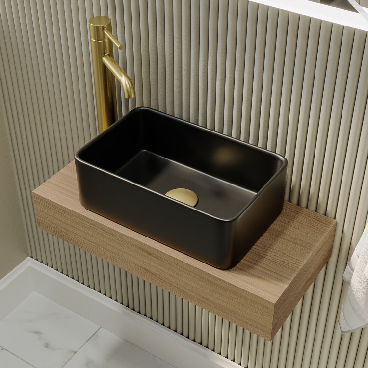 560mm Wood Effect Wall Hung Floating Basin Shelf and Black Basin - Evora