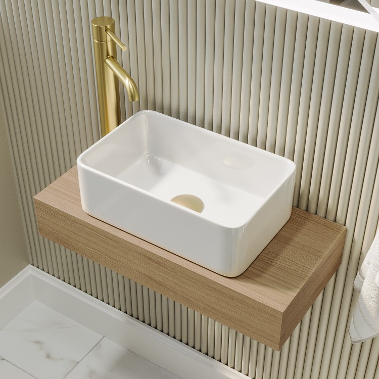 560mm Wood Effect Wall Hung Floating Basin Shelf and White Basin - Evora