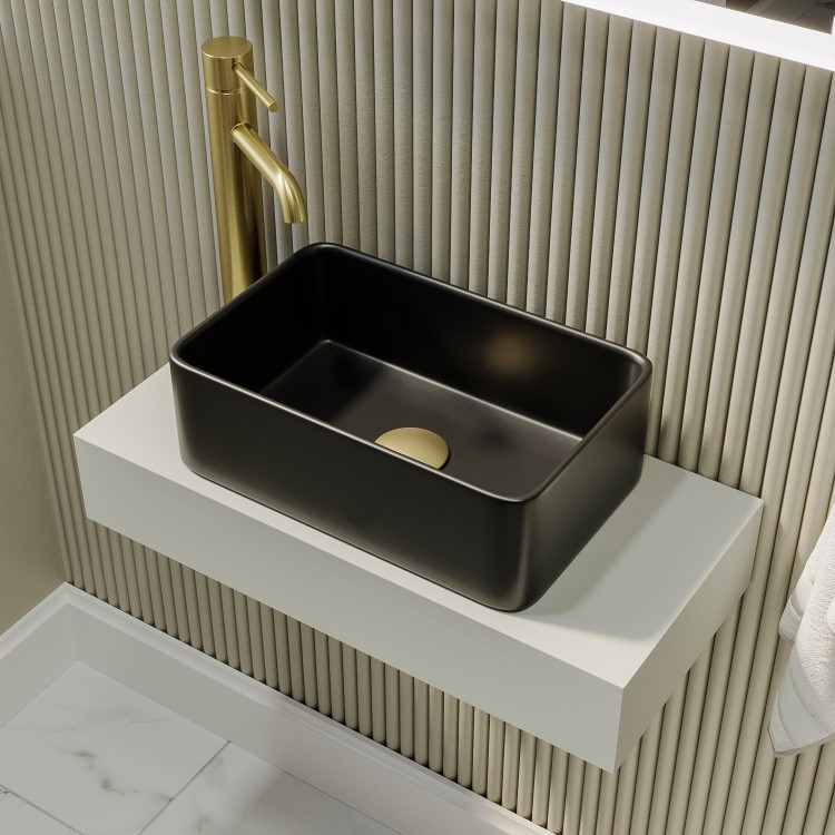 560mm Matt White Wall Hung Floating Basin Shelf and Black Basin - Evora