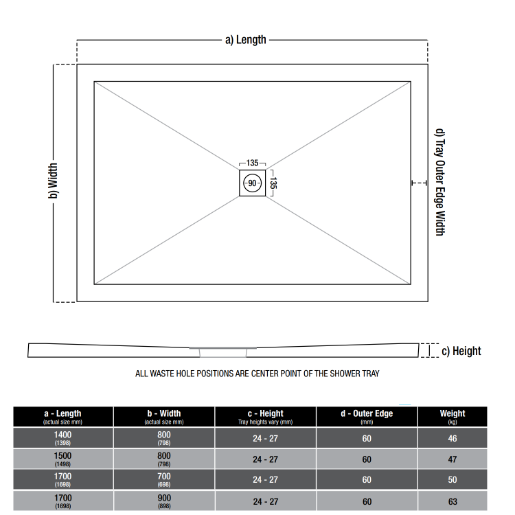 1400x800mm Rectangular Shower Tray with Waste - Non-Slip White Stone Resin - Harmony