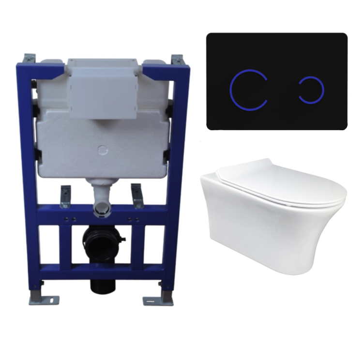 Indiana Wall Hung Toilet 820mm Pneumatic Frame & Cistern & Black Glass Flush Plate