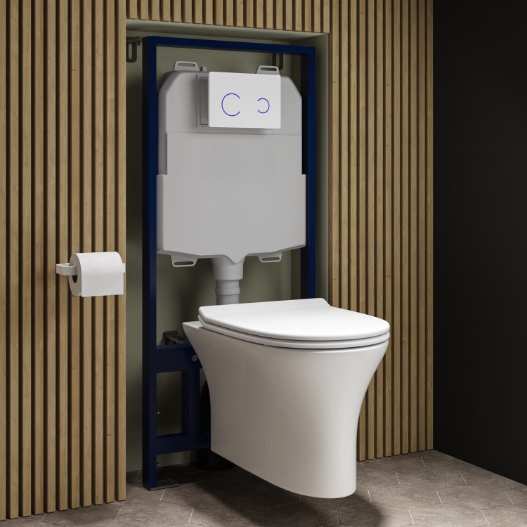 Indiana Wall Hung Toilet 1160mm Pneumatic Frame & Cistern & White Glass Flush Plate