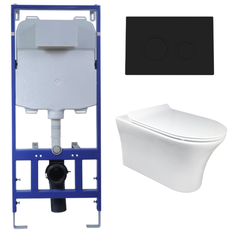 Indiana Wall Hung Toilet 1160mm Mechanical WC Frame & Cistern & Black Mechanical Flush Plate