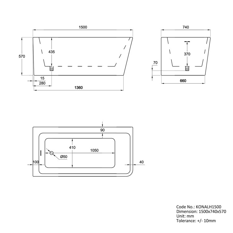 Freestanding Shower Bath Single Ended Left Hand Corner with Chrome Bath Screen 1500 x 740mm - Kona