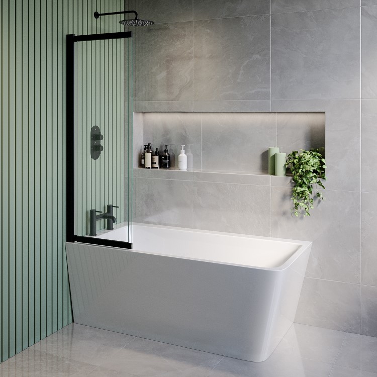 Freestanding Single Ended Left Hand Corner Shower Bath with Black Sliding Bath Screen 1500 x 740mm - Kona