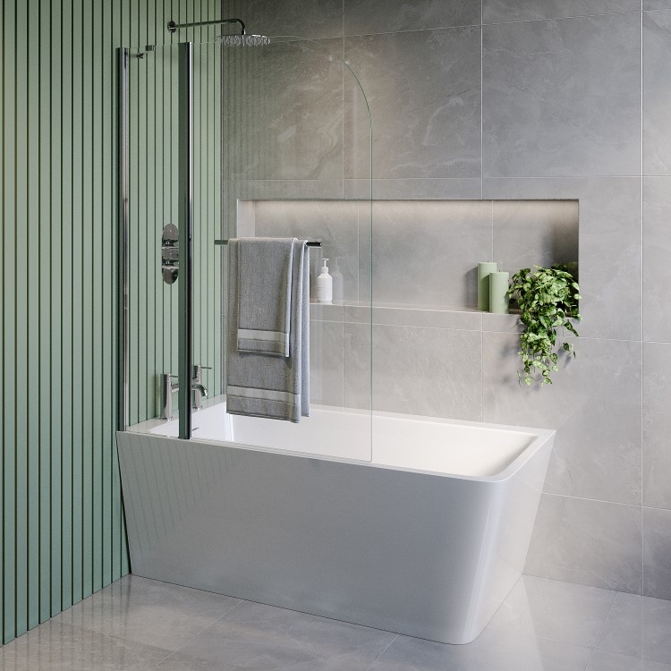 Freestanding Single Ended Left Hand Corner Shower Bath with Chrome Bath Screen with Fixed Panel &  Towel Rail 1500 x 740mm - Kona