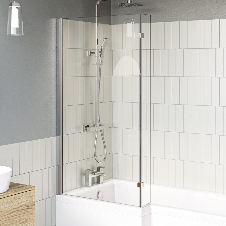 L Shape Shower Bath Left Hand with Front Panel & Chrome Bath Screen 1700 x 850mm - Lomax