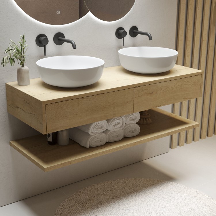 1200mm Wood Effect Wall Hung Double Countertop Vanity Unit with Round Basin and Shelf - Lugo