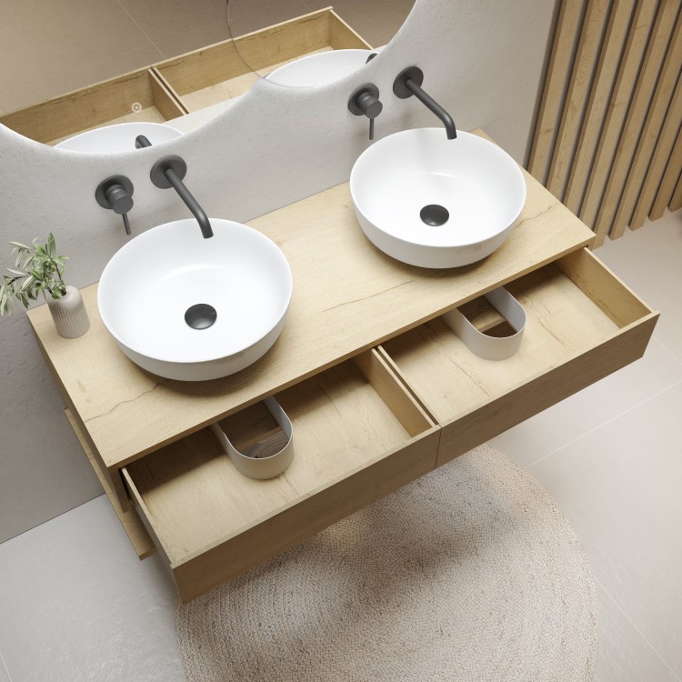 1200mm Wood Effect Wall Hung Double Countertop Vanity Unit with Round Basin and Shelf - Lugo