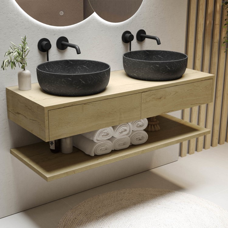 1200mm Wood Effect Wall Hung Double Countertop Vanity Unit with Black Marble Effect Basin and Shelf - Lugo