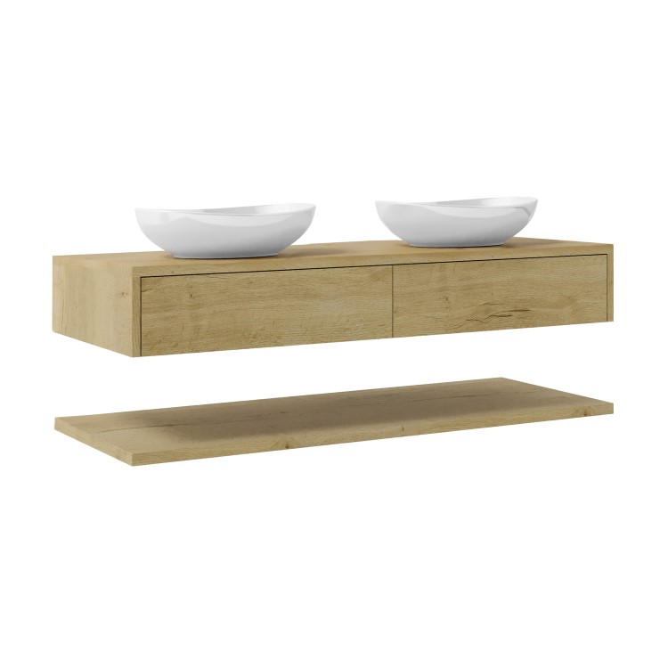 1200mm Wood Effect Wall Hung Double Countertop Vanity Unit with Oval Basin and Shelf - Lugo