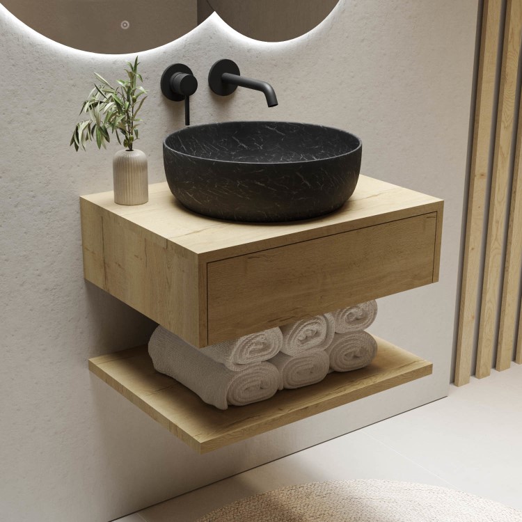 600mm Wood Effect Wall Hung Countertop Vanity Unit with Black Marble Effect Basin and Shelf - Lugo