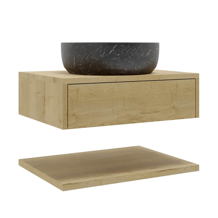 600mm Wood Effect Wall Hung Countertop Vanity Unit with Black Marble Effect Basin and Shelf - Lugo