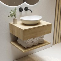 600mm Wood Effect Wall Hung Countertop Vanity Unit with Oval Basin and Shelf - Lugo