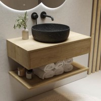 800mm Wood Effect Wall Hung Countertop Vanity Unit with Black Marble Effect Basin and Shelf - Lugo