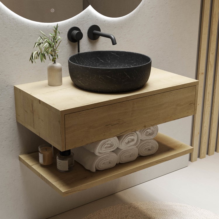 800mm Wood Effect Wall Hung Countertop Vanity Unit with Black Marble Effect Basin and Shelf - Lugo