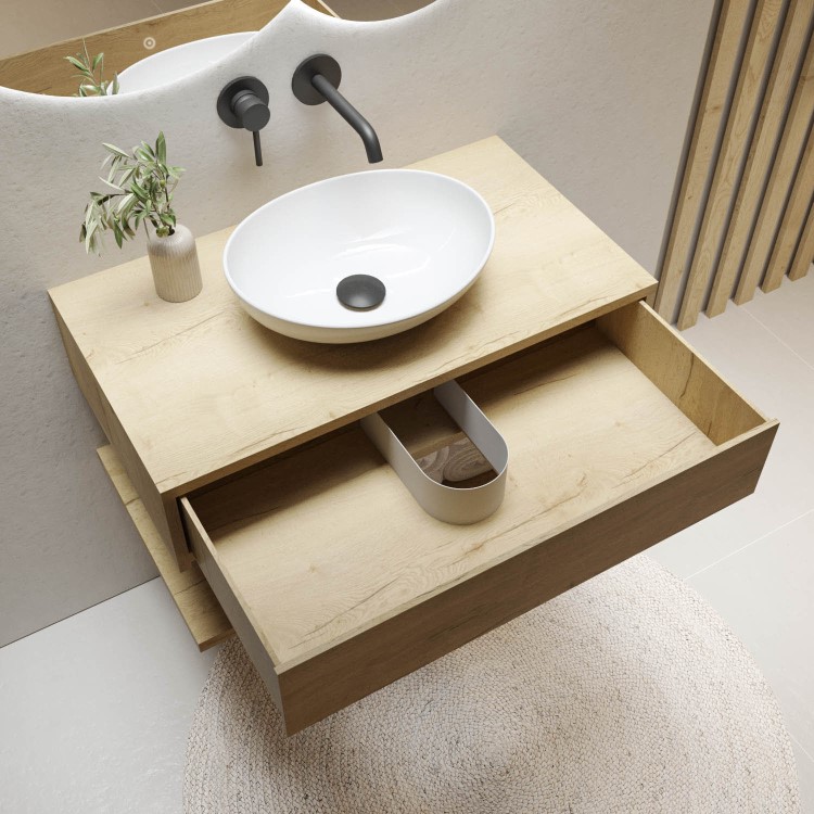 800mm Wood Effect Wall Hung Countertop Vanity Unit with Oval Basin and Shelf - Lugo